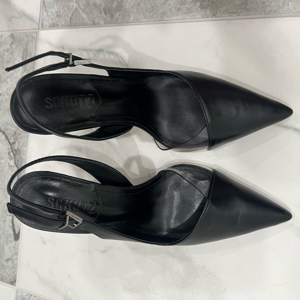 SCHUTZ - Emma Black Leather & Clear Vinyl Pointed-Toe Slingback Pumps - Size 6
